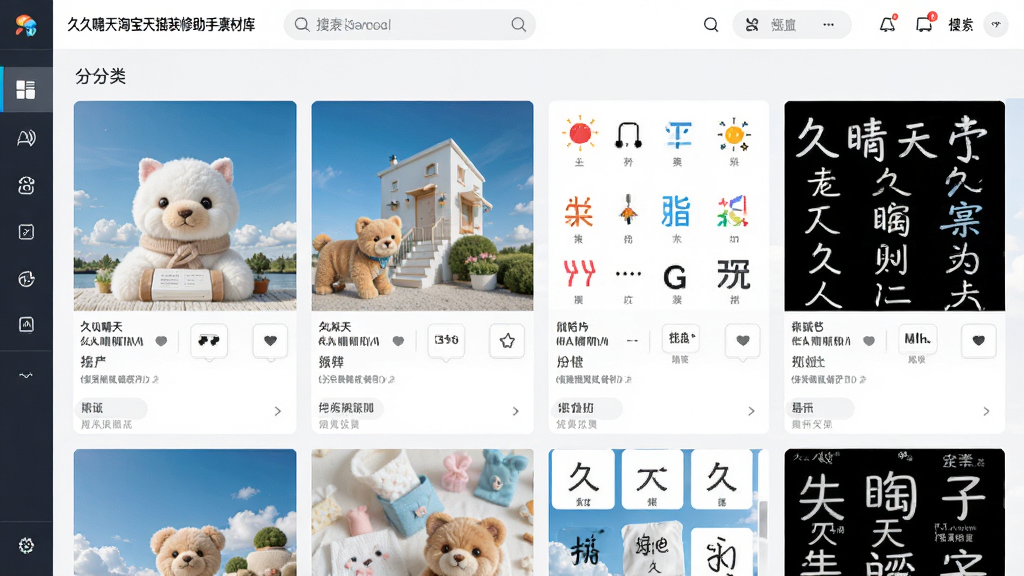 久久晴天淘宝天猫装修助手素材库界面,分类展示图片、图标、字体素材,瀑布流布局,搜索栏,界面清新,高分辨率,画质干净