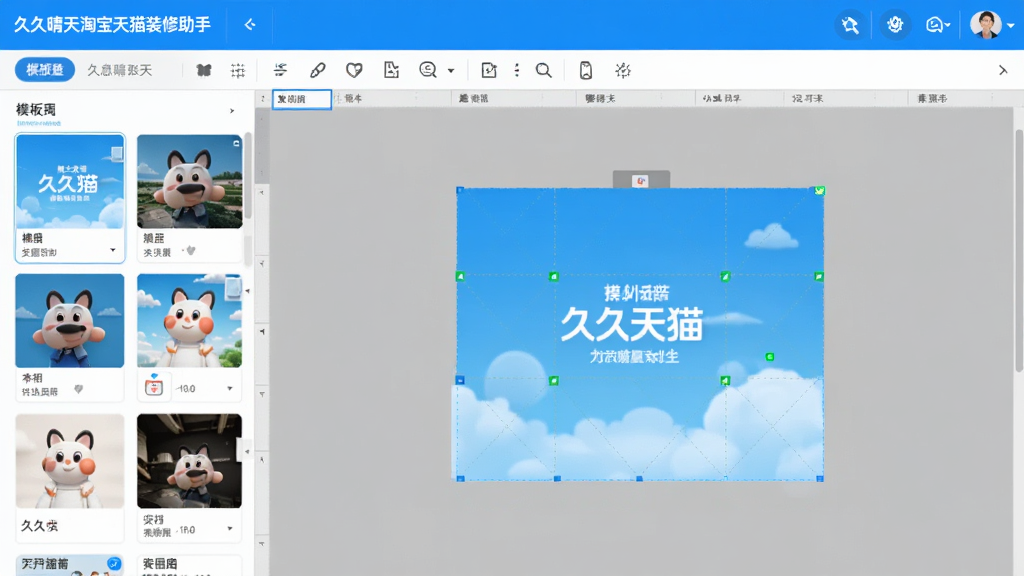 久久晴天淘宝天猫装修助手主界面预览图,左侧为模板列表,右侧为可视化编辑区域,顶部工具栏,整体风格简洁明亮,蓝色主题色,界面布局清晰,高分辨率,画质干净,无多余元素