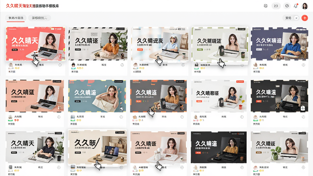久久晴天淘宝天猫装修助手模板库页面,展示多套不同风格店铺模板缩略图,网格布局,鼠标悬停效果,界面现代,色彩丰富,高分辨率,画质干净