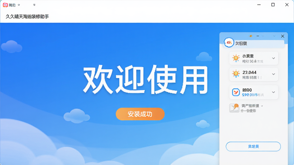 久久晴天淘宝天猫装修助手安装成功界面,显示欢迎使用字样,背景为渐变蓝色,界面简洁,高分辨率,画质干净
