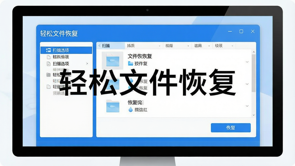 一幅现代简约风格的软件预览图,主体为电脑屏幕中显示“轻松文件恢复”软件界面,界面以蓝色为主色调,左侧为扫描选项列表,右侧为文件列表与恢复按钮,布局清晰,排版工整,风格干净明亮,细节展示软件名称“轻松文件恢复”字样,画质高清,无多余元素