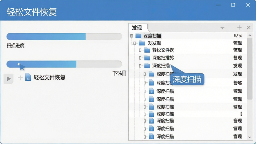 一张展示“轻松文件恢复”深度扫描过程的界面截图,主体为进度条与文件树状列表,布局为左右分栏,左侧显示扫描进度百分比,右侧实时列出已发现文件,排版清晰,风格专业,细节标注“深度扫描”字样,画质干净,无多余元素