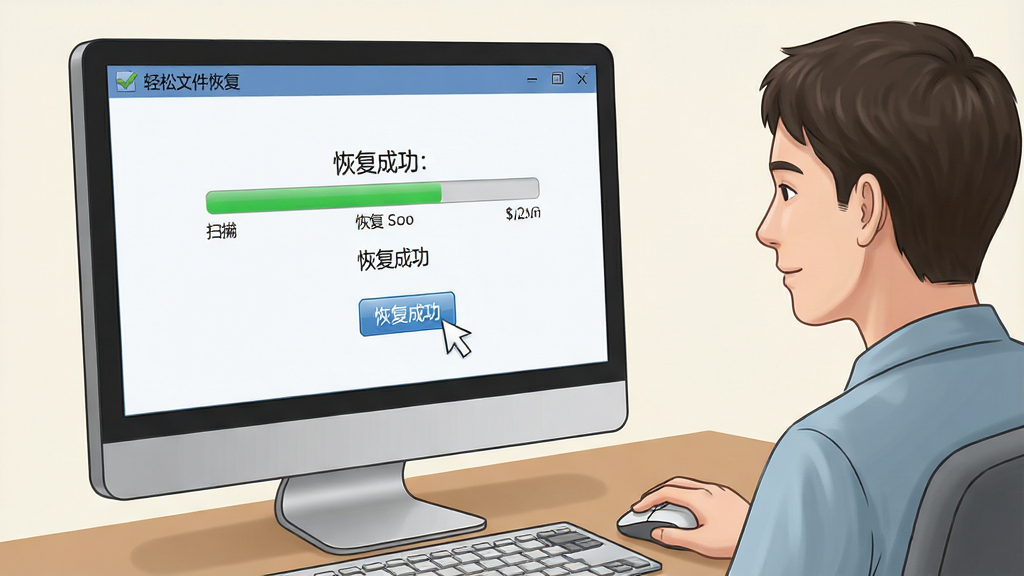 一幅教学风格的插图,主体为电脑屏幕前用户操作“轻松文件恢复”软件,屏幕显示扫描进度条,画面中用户手持鼠标点击恢复按钮,布局为三分构图,排版简洁,风格写实,细节展示屏幕上的“恢复成功”提示,画质清晰,无多余元素