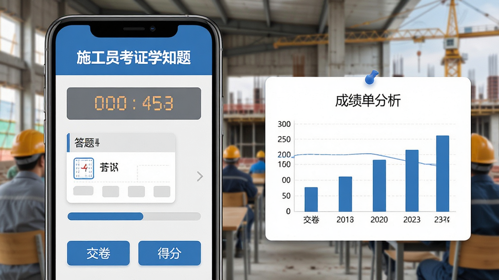 画面主体为“施工员考证学知题”模拟考试界面,显示倒计时、答题卡与进度条,背景为考场或建筑工地。布局以手机界面为主,旁边有成绩单分析图表。风格清爽专业,色彩蓝灰搭配,细节包括“交卷”“得分”按钮,画质高清,无多余元素