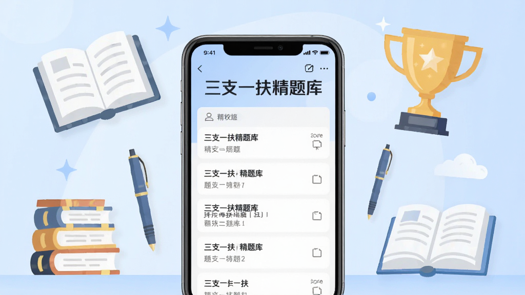 三支一扶精题库主视觉图,画面中央为手机屏幕展示题库界面,屏幕内显示“三支一扶精题库”字样及各类题目列表,背景为淡蓝色渐变,配有书本、笔、奖杯等学习元素,整体风格简洁明亮,现代扁平化设计,画质清晰干净,无多余元素