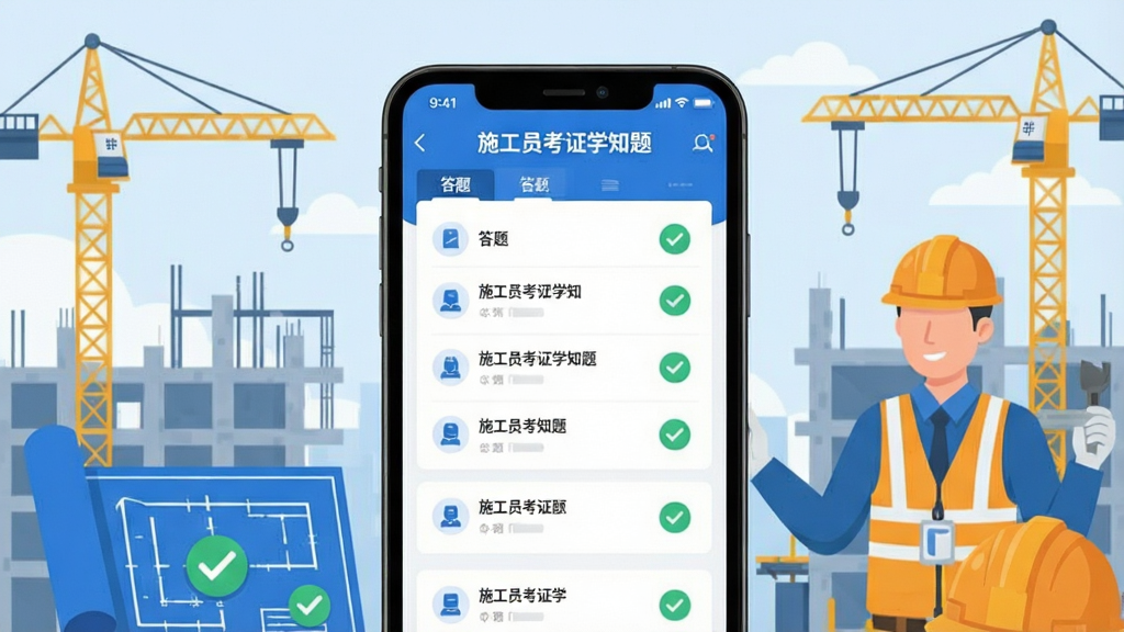 画面主体为一部智能手机屏幕显示“施工员考证学知题”APP界面,界面中展示题库列表与答题页面,背景为建筑工地与施工员形象。布局采用手机居中、周围环绕建筑元素,排版简洁清晰。风格现代扁平化,色彩以蓝白为主,细节包含安全帽、图纸、对勾图标,画质高清干净,无多余元素
