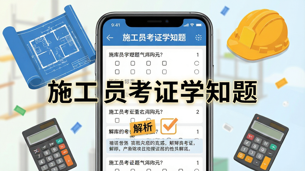 画面主体为“施工员考证学知题”APP题库列表界面,屏幕上排列多道选择题,每道题下方显示解析文字。布局为手机屏幕特写,周围漂浮着建筑图纸、安全帽、计算器等元素。风格写实结合扁平,色彩明亮,细节突出“题库”“解析”字样,画质干净清晰,无多余元素