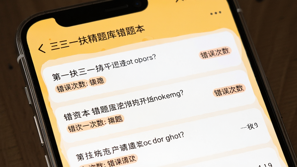 三支一扶精题库错题本界面,手机屏幕显示错题列表,每道题标注错误次数,背景为暖黄色调,风格温馨,界面简洁,画质清晰