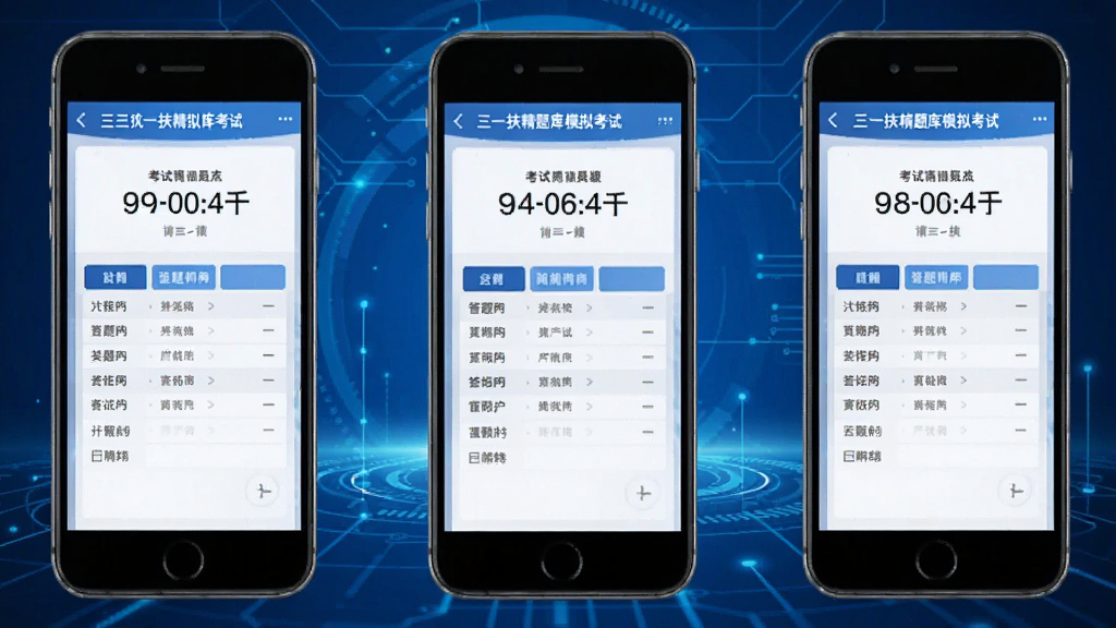 三支一扶精题库模拟考试界面,手机屏幕显示考试计时器和答题卡,背景为蓝色科技感风格,界面现代,画质干净,无多余元素