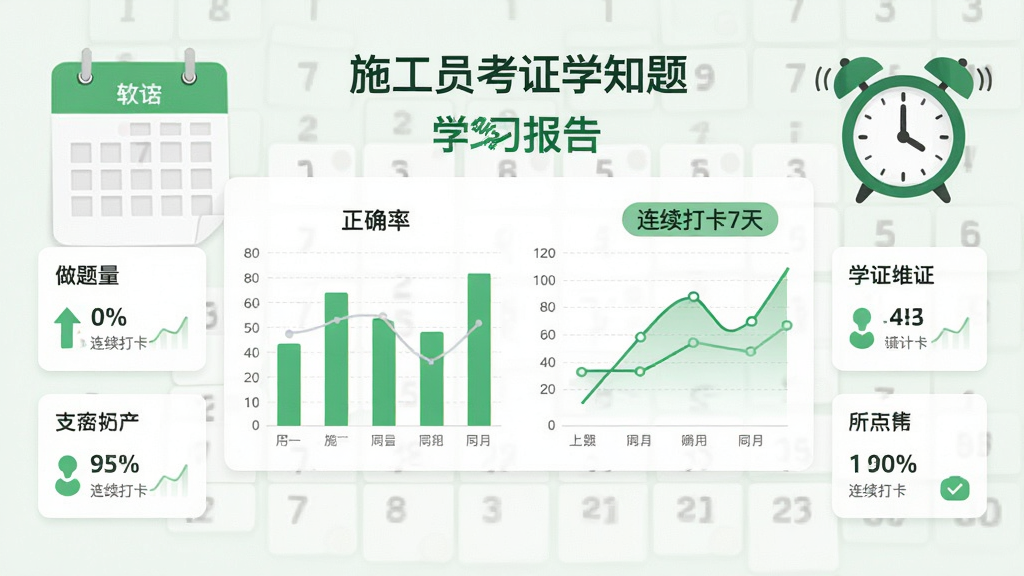 画面主体为“施工员考证学知题”学习报告界面,以柱状图和折线图展示做题量与正确率,背景为日历与闹钟图标。布局图表居中,周围有统计卡片。风格清新简约,色彩绿色与白色,细节显示“连续打卡7天”字样,画质干净,无多余元素
