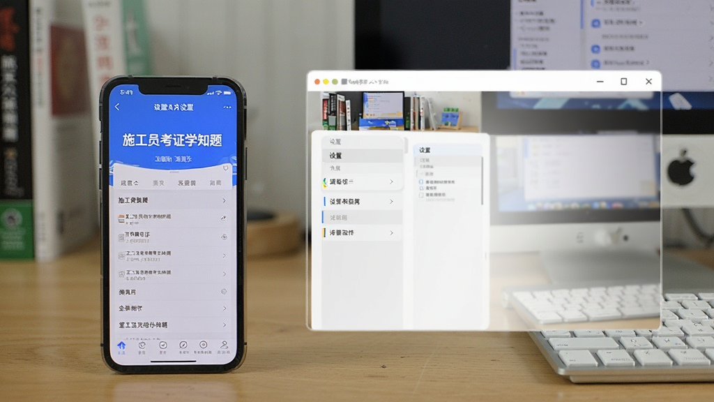 画面主体为手机横屏显示“施工员考证学知题”应用,旁边有模拟器窗口,背景为书桌与电脑。布局左右构图,左侧手机右侧电脑,风格写实,色彩自然,细节显示“设置”菜单,画质干净,无多余元素