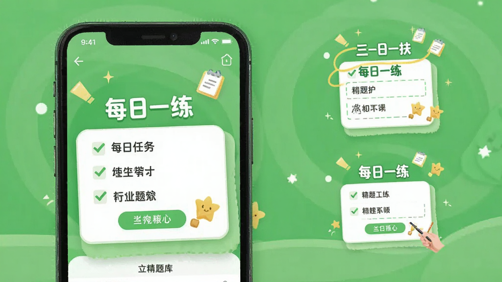 三支一扶精题库每日一练功能图,手机屏幕显示每日任务卡片,带有“每日一练”字样,背景为清新的绿色调,风格活泼,画质清晰