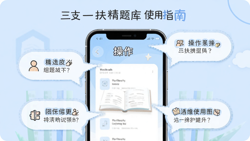 三支一扶精题库使用指南示意图,手机屏幕显示操作步骤提示气泡,背景为浅蓝色,风格清新,画质干净