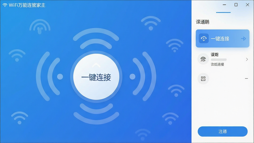 一张展示WiFi万能连管家软件主界面的高清截图,界面包含“一键连接”大按钮,背景为蓝色渐变,周围有无线信号波纹图标,风格简洁现代,UI设计干净,画质清晰,无多余元素