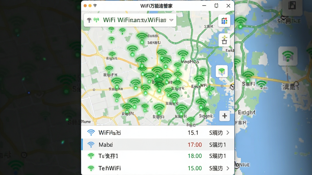 展示WiFi万能连管家软件在地图界面显示周边海量WiFi热点的截图,地图上散布着绿色信号点,下方列表展示WiFi名称和信号强度,布局清晰,画质干净,无多余元素