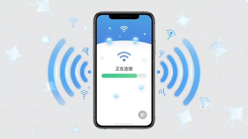 展示WiFi万能连管家一键连接过程的动态演示图,手机屏幕中显示“正在连接”进度条,周围有网络信号增强动画,背景为浅灰色,风格简洁,画质清晰,无多余元素