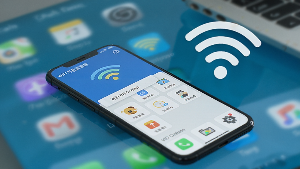 展示WiFi万能连管家在手机上的运行状态,手机屏幕显示软件主界面,背景为桌面,手机旁有WiFi信号图标,画面明亮,简洁,画质干净,无多余元素