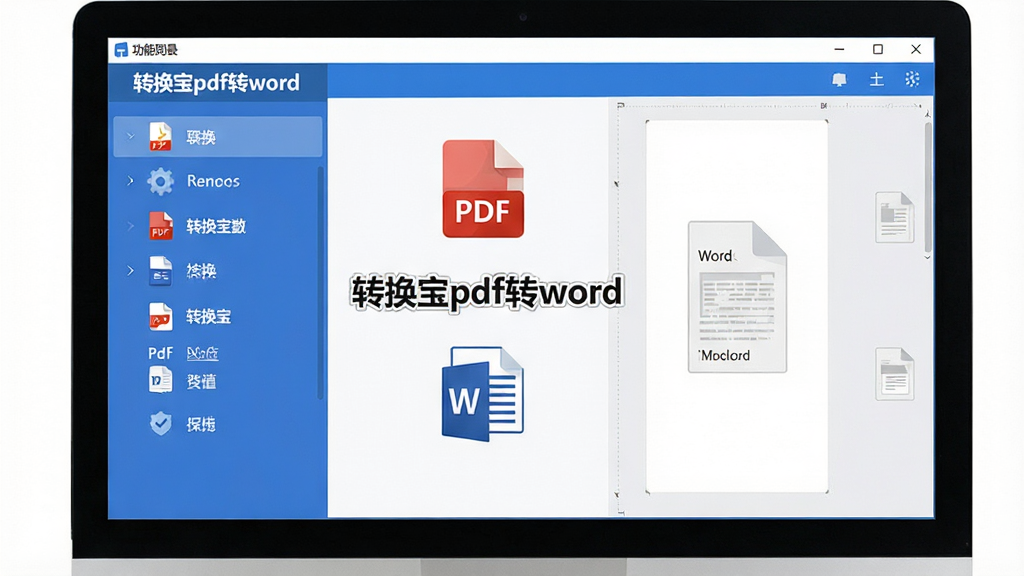 主体:电脑屏幕前展示转换宝pdf转word软件主界面,界面左侧为功能列表,右侧为文件拖拽区域。布局:居中构图,界面清晰。排版:功能图标整齐排列,色彩以蓝色和白色为主。风格:扁平化设计,现代感。细节:屏幕中显示“转换宝pdf转word”字样,周围有PDF和Word文件图标。画质:高清,干净,无多余元素。