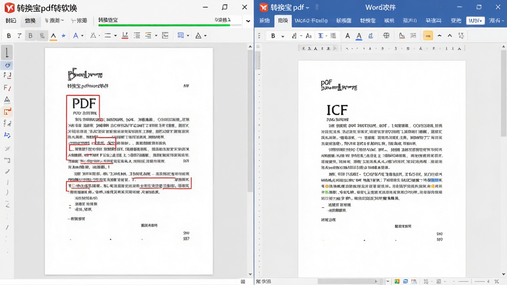 主体:转换宝pdf转word软件正在将一份PDF合同转换为Word文档,左侧为PDF预览,右侧为Word编辑界面。布局:左右分栏对比。排版:文档内容清晰可见,字体样式一致。风格:商务简约。细节:界面显示“转换宝pdf转word”品牌标识,转换进度条为绿色。画质:细腻,干净,无多余元素。