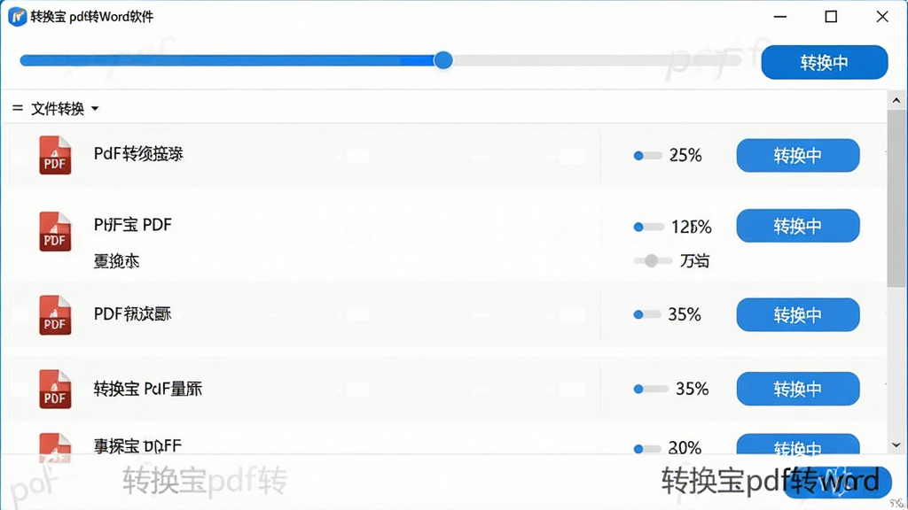 主体:转换宝pdf转word软件批量转换界面,文件列表中有多个PDF文件,状态显示“转换中”。布局:列表式布局,顶部有进度条。排版:文件名与进度百分比对齐。风格:简洁明了。细节:界面角落有“转换宝pdf转word”水印,按钮为蓝色。画质:清晰,干净,无多余元素。