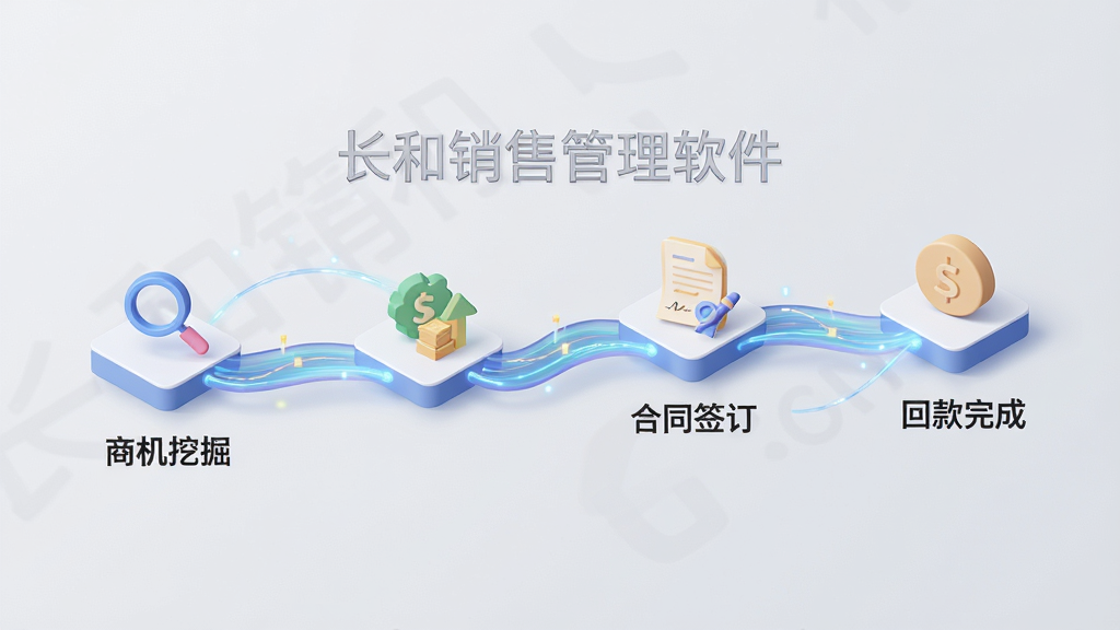 主体为一张动态的流程图,展示了从“商机挖掘”到“合同签订”再到“回款完成”的销售管道。布局为从左至右的横向流程,每个节点都有小图标。风格为简洁的3D等距插画风。细节上,流程线条带有流动的光效,代表数据在传递。背景为浅灰色。画面中悬浮着“长和销售管理软件”的文字水印。画质高清,干净,无多余元素。