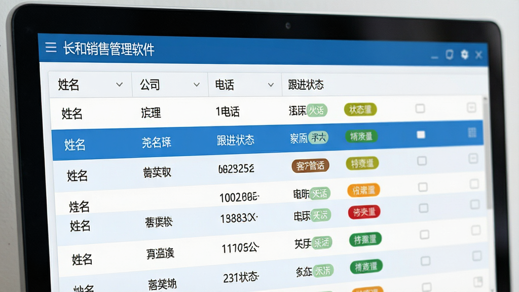 主体为电脑屏幕上的软件界面截图特写,屏幕中展示着一个结构清晰的客户信息列表,包含姓名、公司、电话、跟进状态等栏目。布局为左上方是“长和销售管理软件”的菜单栏,右侧是主要内容区。风格为扁平化商务风格,色彩以蓝白为主。细节上,列表行有高亮显示,状态标签颜色区分明显。画质清晰,界面干净整洁,无多余元素。