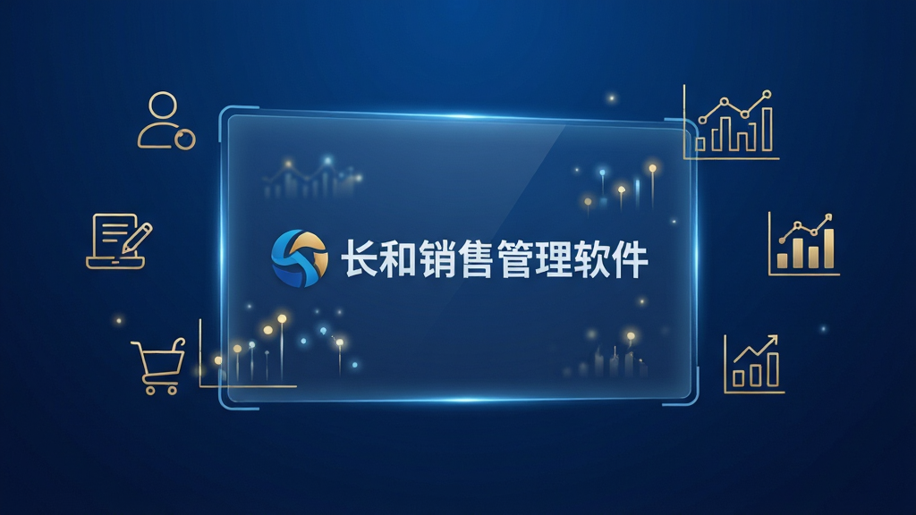 画面主体为一块悬浮在半空中的全息投影屏幕,屏幕中央显示着“长和销售管理软件”的LOGO与名称。屏幕周围环绕着代表客户、订单、图表分析等功能的简约金色线条图标。布局采用中心对称,主体突出。整体风格为现代科技感,背景是干净的深蓝色渐变。细节上,投影屏幕边缘有微弱的发光效果,数据图表以动态光点呈现。画质高清,干净,无多余元素。