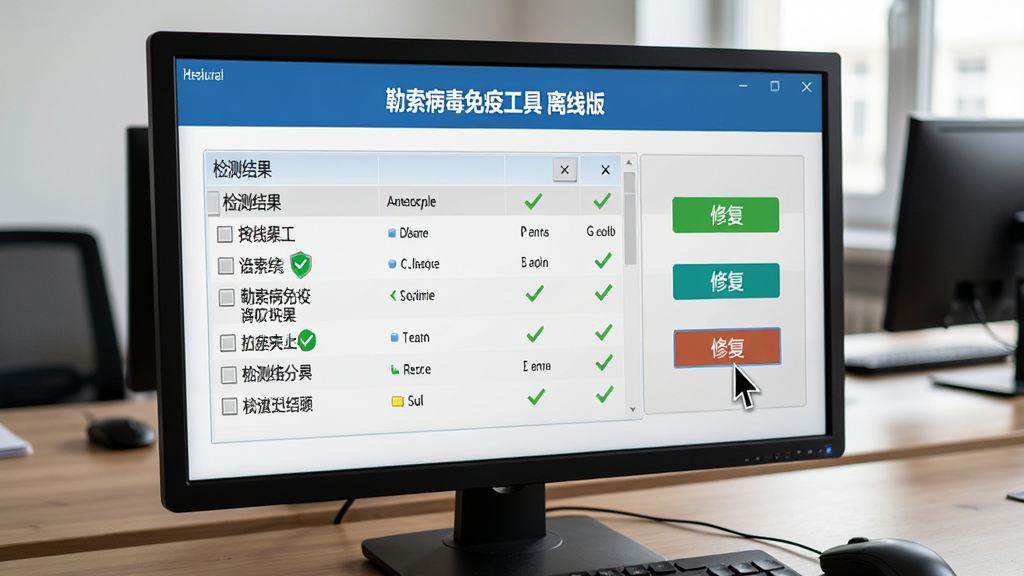 主体为电脑屏幕上的“勒索病毒免疫工具 离线版”操作界面,屏幕上显示检测结果列表,旁边有对勾和修复按钮,布局为屏幕居中,背景为办公桌,风格为实拍照片风格,细节包括鼠标指针悬停在修复按钮上,画质高清,干净无多余元素