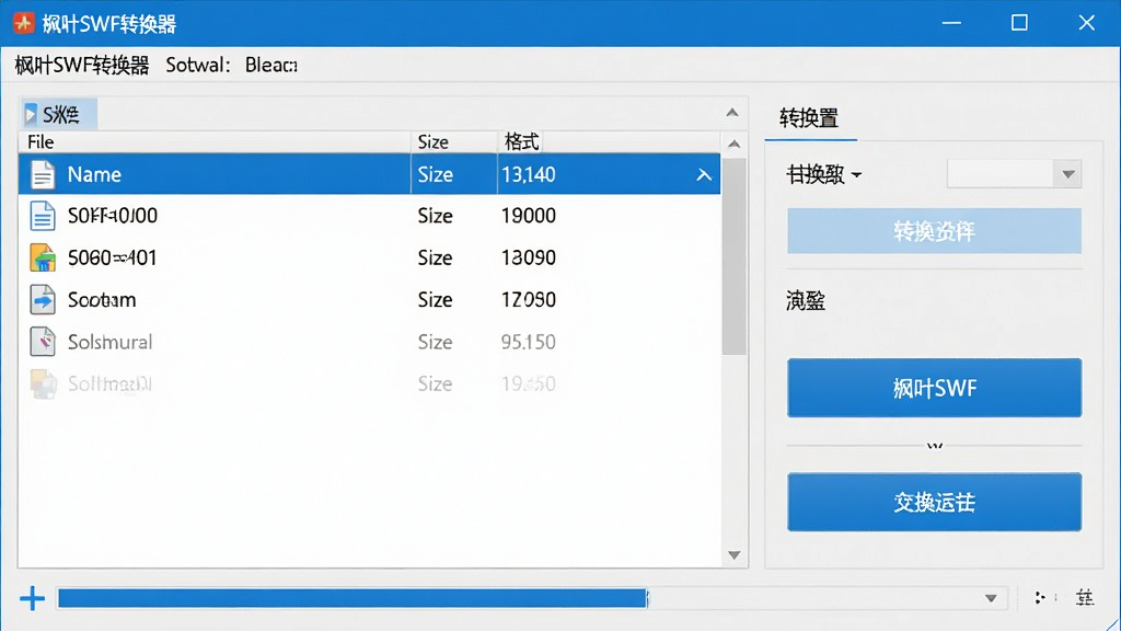 主体:枫叶SWF转换器软件界面截图,展示主窗口和功能按钮。布局:界面居中,左侧为文件列表,右侧为转换设置面板。排版:清晰的功能分区,顶部有菜单栏,底部有进度条。风格:现代简洁的软件UI设计,蓝色主题色调。细节:文件列表显示名称、大小、格式,转换按钮高亮,背景为浅灰色。画质:高清,干净,无多余元素。