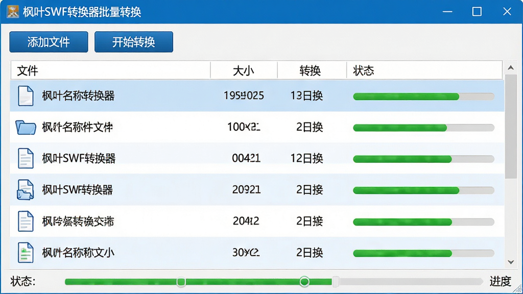 主体:枫叶SWF转换器批量转换界面,显示多个文件排队。布局:文件列表占据主界面,状态栏显示进度。排版:列表顶部有“添加文件”“开始转换”按钮。风格:简洁商务风格,蓝白配色。细节:每个文件行显示文件名、大小、转换状态,进度条绿色。画质:清晰,干净,无多余元素。