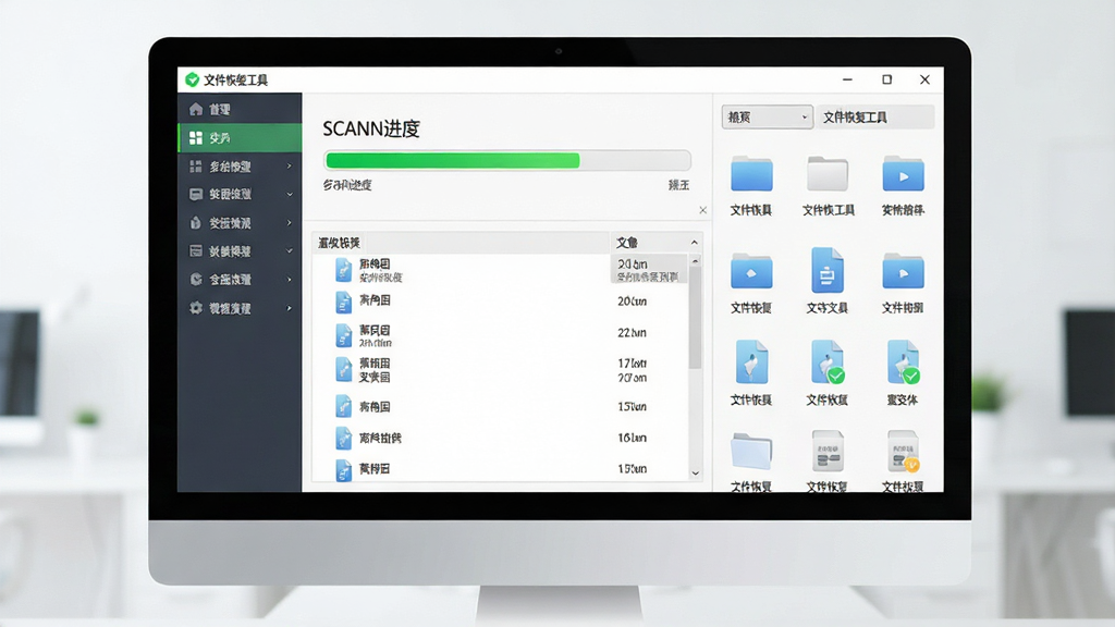 一幅现代科技感的数据恢复软件界面预览图,主体为电脑屏幕中显示扫描进度条和文件列表,布局居中,左侧为功能菜单,右侧为文件展示,整体风格简洁明亮,细节包含绿色进度条、文件图标和“文件恢复工具”字样,画质高清,干净无多余元素
