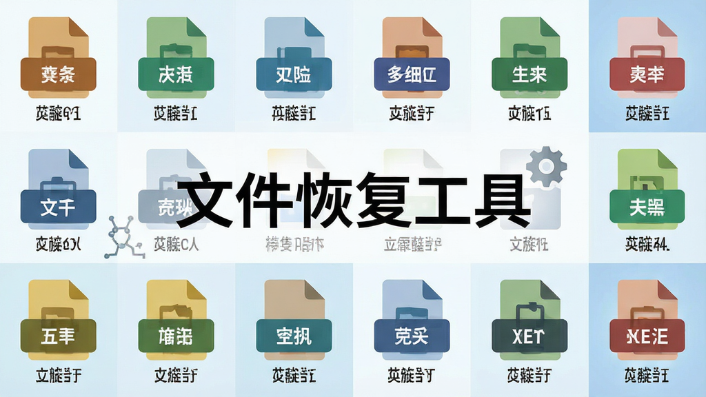 一幅展示文件恢复工具支持多格式文件的宣传图,主体为各种文件类型图标整齐排列,布局为网格状,风格为扁平化设计,细节包含每个图标下方标注格式名称,中央有“文件恢复工具”字样,画质清晰,干净无多余元素
