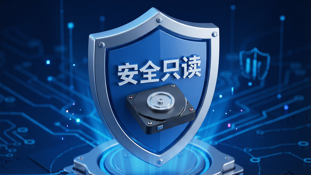 一幅体现文件恢复工具安全性的概念图,主体为一个盾牌图标保护着硬盘,布局为居中构图,风格为3D渲染,细节包含盾牌上写有“安全只读”字样,背景为蓝色科技光效,画质精细,干净无多余元素