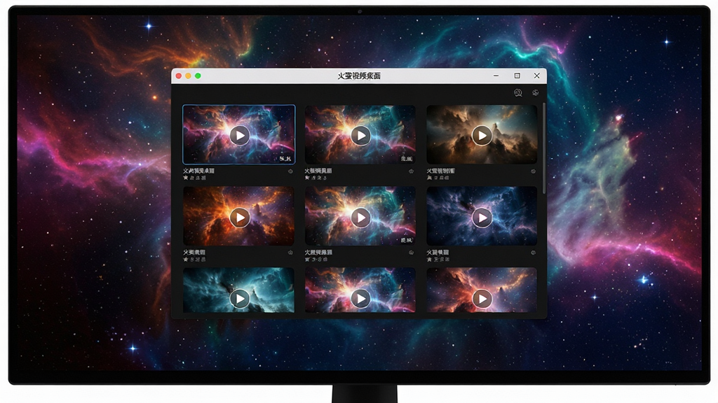 主体:电脑桌面展示火萤视频桌面软件界面,桌面背景为动态的宇宙星云,色彩斑斓。布局:前景是软件主窗口,展示多个视频壁纸缩略图,背景为应用了动态壁纸的电脑全屏。排版:软件窗口居中,壁纸预览图网格排列,电脑屏幕占画面主体。风格:科技感、现代感,高清渲染。细节:屏幕中星云缓缓流动,软件界面有“火萤视频桌面”字样,界面简洁清晰。画质:8K超清,干净,无多余元素。