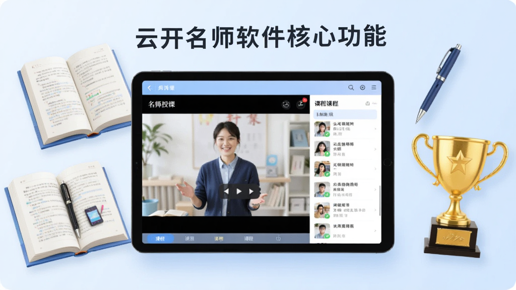 一张展示云开名师软件核心功能的宣传图,画面中央是平板电脑,屏幕上显示名师授课视频界面和课程列表,周围环绕课本、笔、奖杯等学习元素,背景为淡蓝色渐变,整体风格现代简约,清晰明亮,干净无多余元素