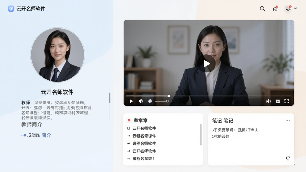 云开名师软件的名师课程页面,左侧是教师头像和简介,右侧是视频播放窗口,下方有课程章节列表和笔记区域,整体界面简洁清晰,色彩柔和,画质高清,干净无多余元素