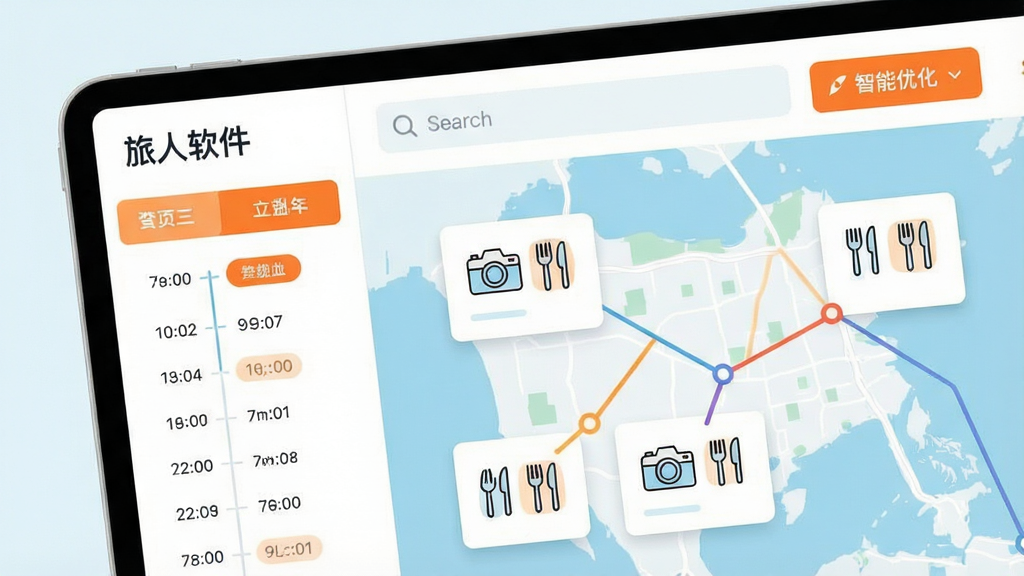 一张扁平化风格的功能界面特写图,画面中心是“旅人软件”行程规划页面,左侧边栏显示日期与时间轴,右侧大面积地图上以彩色线条连接着数个景点卡片,卡片上带有简笔画的相机与餐厅图标。顶部有搜索栏与“智能优化”按钮,界面布局清晰,信息层级分明,配色以白色与淡蓝色为主,橙色点缀关键按钮,风格现代简洁,画质锐利,干净无多余元素。