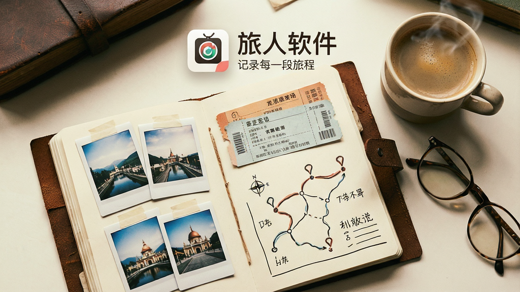 一张温暖治愈系的场景图,主体是一本翻开的旅行手账,手账内页贴有拍立得风格的照片、景区的门票和手绘的路线图,旁边放着一杯冒着热气的咖啡和一副眼镜。手账上方悬浮着“旅人软件”的文字logo和一行小字“记录每一段旅程”。整体布局为俯拍视角,风格复古文艺,光线柔和,细节丰富,画质细腻,干净无多余元素。
