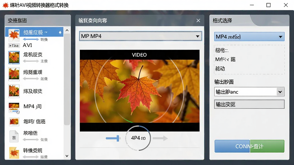 主体:枫叶AVI视频转换器格式转换界面,显示一个视频文件正在从MP4转换为AVI的过程,界面上有格式下拉菜单、输出路径选择和转换按钮。布局:转换向导式布局,左侧是文件列表,右侧是格式选择区域。风格:商务简洁风,色彩明快,细节丰富,画质清晰,无多余元素。