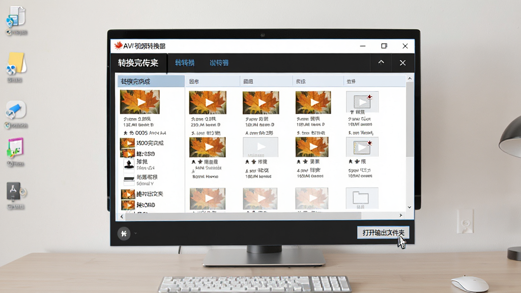 主体:电脑桌面上的枫叶AVI视频转换器软件窗口,界面中显示转换完成的视频文件列表,鼠标指针指向“打开输出文件夹”按钮。布局:软件窗口在屏幕中央,背景是简洁的桌面壁纸。风格:写实风格,细节清晰,画质干净,无多余元素。