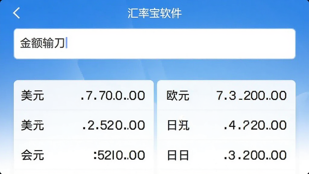 商务汇率宝软件的换算界面截图,上方为金额输入框,下方并列显示美元、欧元、日元等换算结果,数字精准到小数点后两位,背景为简洁的蓝白渐变,整体风格商务专业,画面干净无多余元素,突出换算功能的便捷性