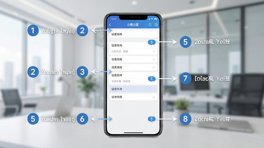 商务汇率宝软件使用教程示意图,手机屏幕显示软件设置界面,周围有操作步骤序号标注,背景简洁明亮,突出设置选项,画质清晰,无多余元素