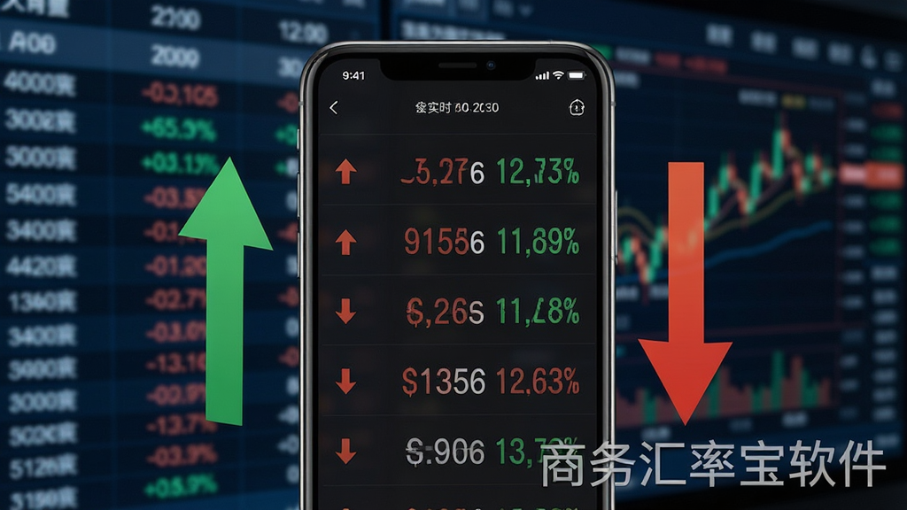 软件实时汇率监控功能展示图,画面中一部手机屏幕显示着不断跳动的货币汇率数字,周围有上涨和下跌的箭头标识,背景为模糊的金融数据大屏,突出数据实时更新的特性,带有“商务汇率宝软件”水印字样,风格写实清晰,画质高,无多余杂物