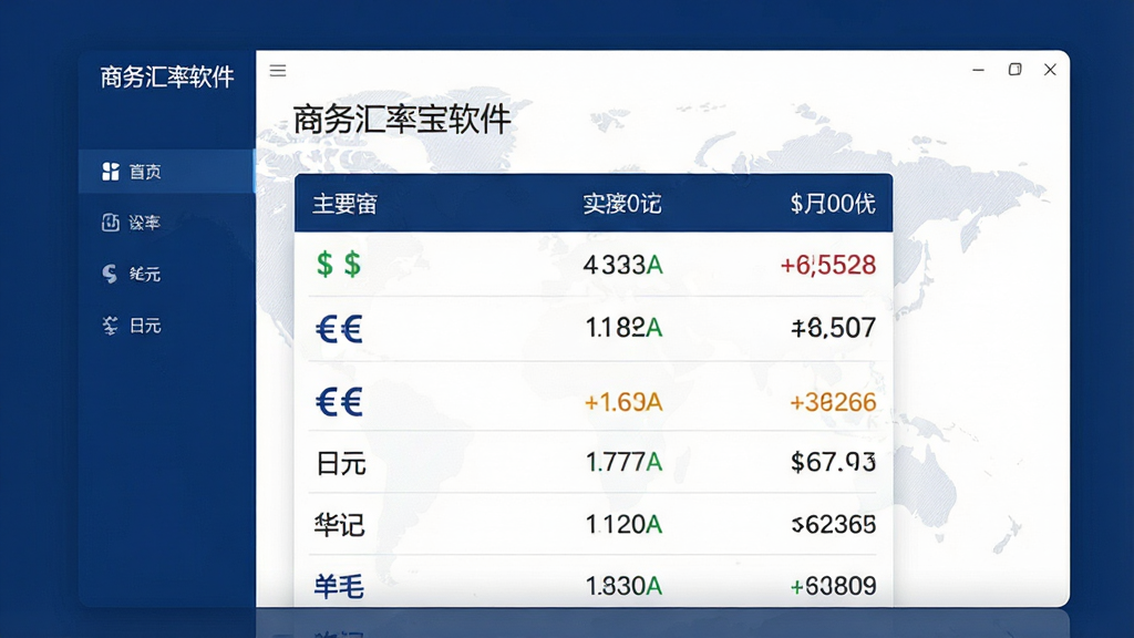 一张现代商务风格的软件主界面预览图,界面以深蓝与白色为主色调,中央显示美元、欧元、日元等主要货币的实时汇率列表,数字清晰,背景有世界地图的淡纹,整体布局简洁大气,突出“商务汇率宝软件”品牌标识,画质细腻干净,无多余元素