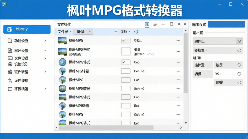 主视觉展示枫叶MPG格式转换器的操作主界面,界面布局清晰,左侧为功能列表,中间为文件列表,右侧为输出设置面板,整体风格简洁现代,配色以蓝白为主,软件名称“枫叶MPG格式转换器”醒目地显示在界面顶部,画质清晰,干净无多余元素