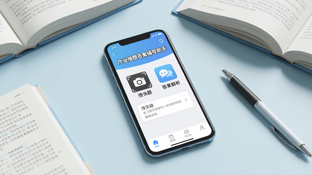 一张现代简约风格的学习场景图,画面中央是一部智能手机,手机屏幕上显示“作业搜题答案辅导助手”的APP界面,界面中有拍照搜题和答案解析的图标,手机周围散落着几本课本和一支笔,背景是淡蓝色的书桌,整体布局干净明亮,风格写实,画质高清,细节丰富,无多余元素