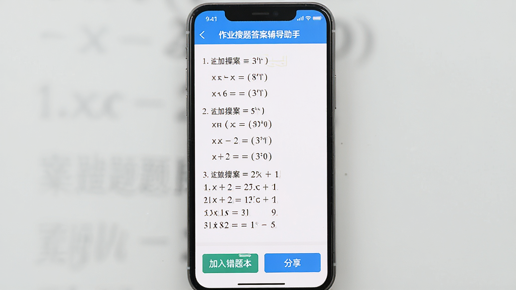 一张展示手机APP使用界面的截图,屏幕上是“作业搜题答案辅导助手”的搜题结果页面,显示一道数学题的解题步骤,页面下方有“加入错题本”和“分享”按钮,背景简洁,画质清晰,无多余元素