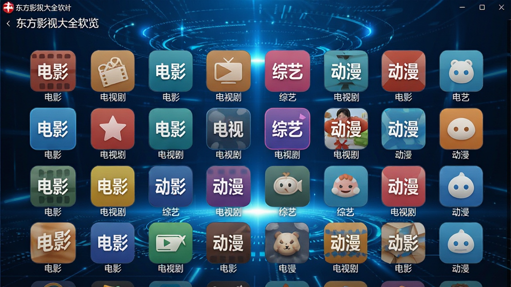 一张以东方影视大全软件界面为背景的预览图,画面中央展示一个巨大的影视资源图标墙,图标排列整齐,每个图标上清晰标注着“电影”、“电视剧”、“综艺”、“动漫”等分类字样,背景采用科技感十足的蓝色光效,布局饱满,风格现代,画质清晰,干净无多余元素
