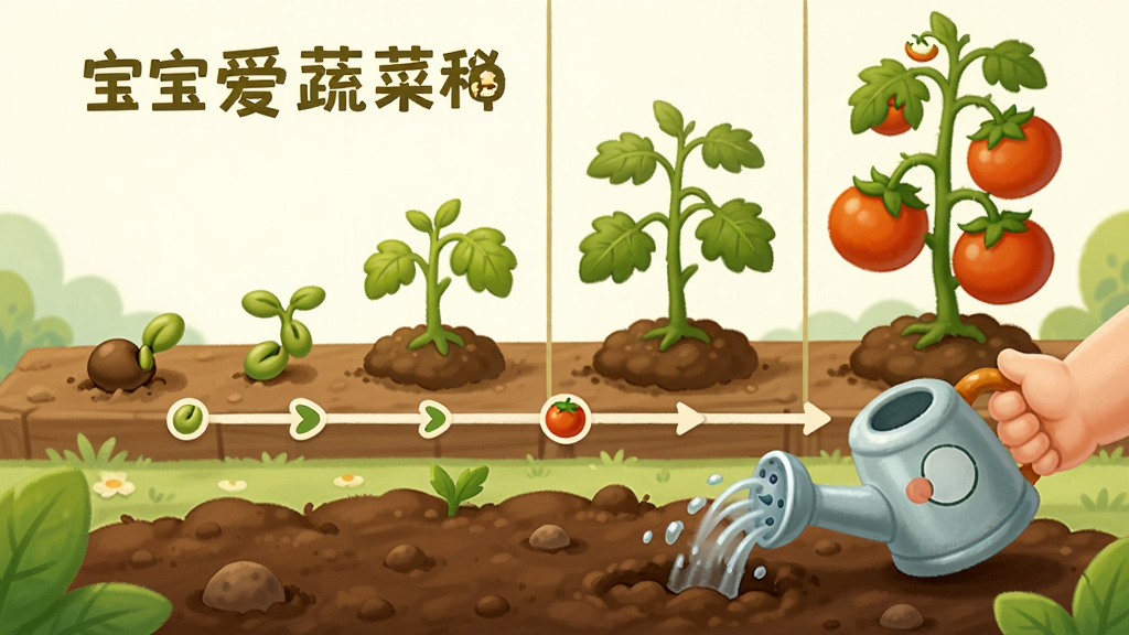 画面主体为宝宝爱蔬菜游戏中的种植场景,前景是卡通土壤和正在浇水的小手,背景是逐步生长的蔬菜植株,从种子到成熟番茄的过程分格展示,布局为横向时间轴,清新田园风格,色彩自然柔和,细节丰富,画质干净清晰,无多余元素,图片文字标注