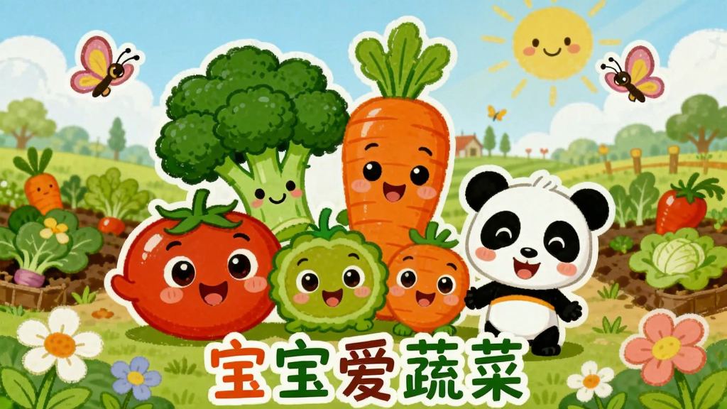 画面主体为可爱的卡通蔬菜角色(如番茄、胡萝卜、西兰花)和宝宝巴士吉祥物熊猫奇奇,背景是阳光明媚的田园菜地,整体布局以中央蔬菜大家庭合影为主,四周点缀小花朵和蝴蝶,卡通手绘风格,色彩鲜艳明亮,细节丰富,画质清晰干净,无多余元素,图片文字标注